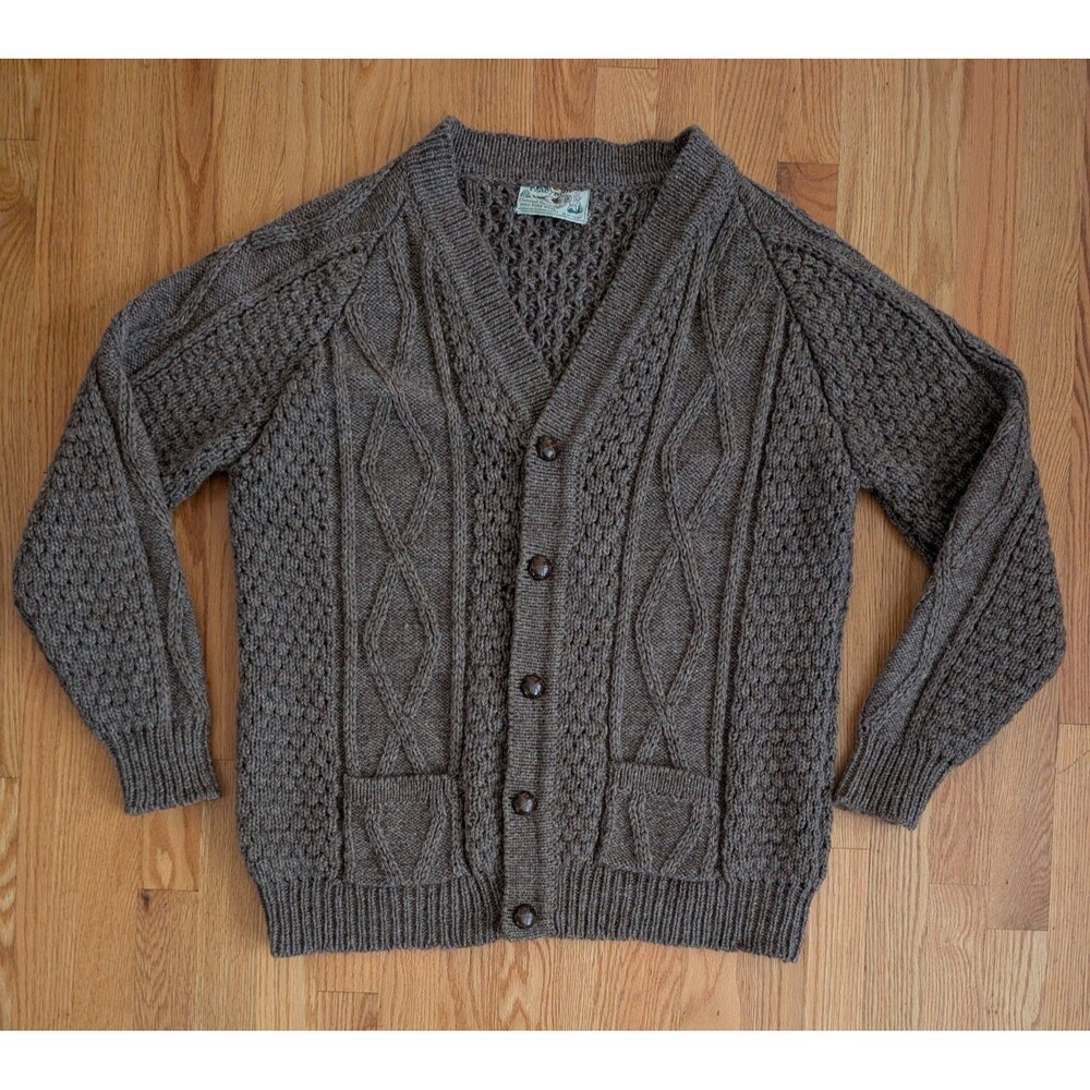 Cladyknit Fisherman Wool Sweater Cardigan Vintage 44 Brown Donegal Handcraft